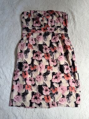 J. Crew Strapless Floral Print Dress in Pink, Black, Cream with Orange Accents